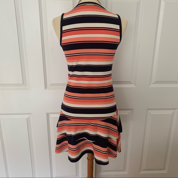 MICHAEL KORS Coral/Navy/White Striped Ruffle Dress🆕 - Picture 3 of 5